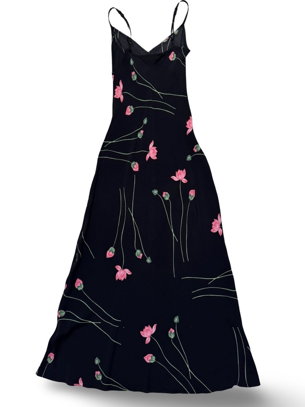 Betsey Johnson Vintage Black Maxi Slip Dress with Pink Floral Buds - Picture 4 of 5